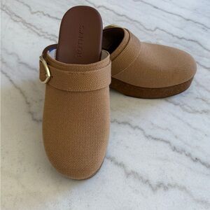 Rothy's Tan Knit Platform Clogs with Gold Buckle